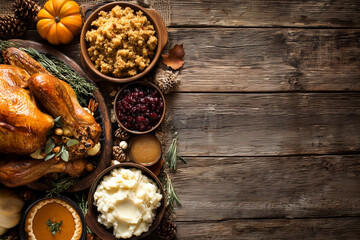 Thanksgiving feast still life on rustic wood