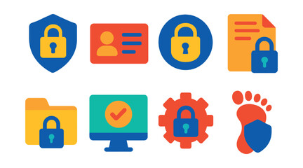 Fototapeta premium Flat vector icons of legal privacy and data protection: shield with lock, personal data icon, legal privacy badge, GDPR document, secure file icon, online consent, privacy settings, digital footprint
