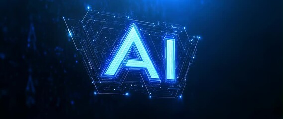 Anamorphic video Futuristic technology background with letters AI in a glowing blue light - Powered by Adobe