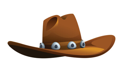Brown cowboy hat with metal ring studs on band, stylish western fashion. Vector cartoon illustration