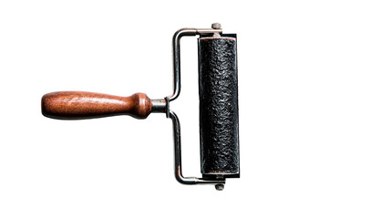A detailed photograph of a vintage printmaking brayer, isolated on a black backdrop.