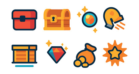 Flat vector icons of loot and treasure: loot box, golden chest, rare item icon, dropped gear, loot crate, sparkling gem, inventory drop, legendary icon.