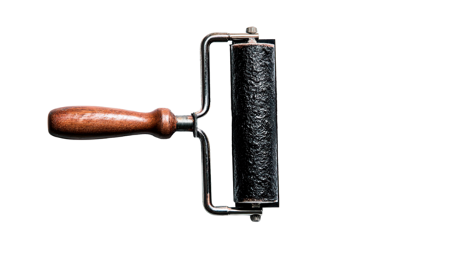 A detailed photograph of a vintage printmaking brayer, isolated on a black backdrop.