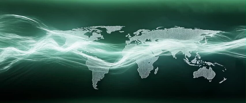 Anamorphic video Futuristic world map background with soft white and green color