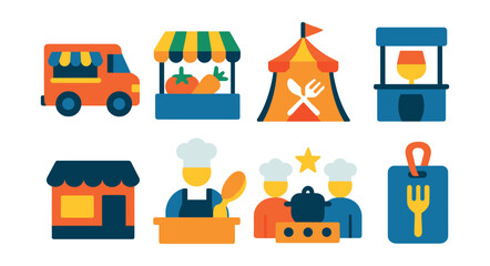 Flat vector icons of food events: food truck, farmers market, food festival tent, tasting booth, pop-up restaurant, chef demo, cooking competition, event pass.