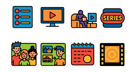 Flat vector icons of animation series: episode list, streaming platform icon, binge-watch icon, series logo design, main characters lineup, scene continuity chart, weekly release calendar, animated