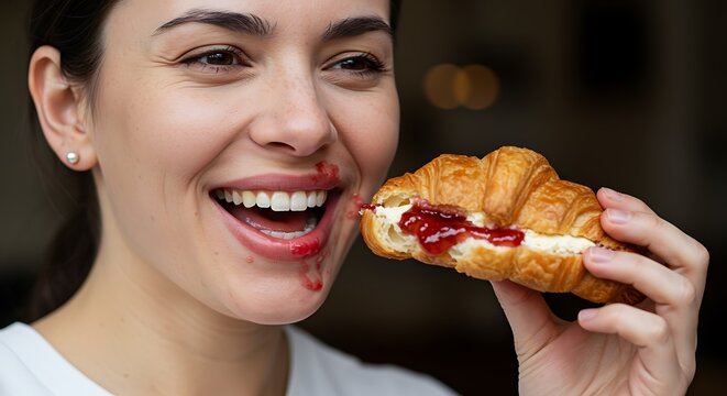Joyful Woman Enjoying a Delicious Jam-Filled Croissant
