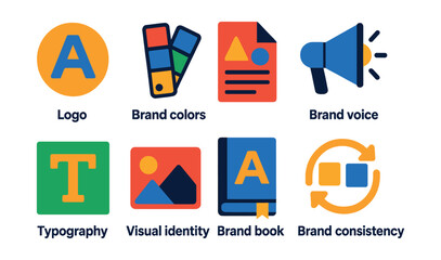 Flat vector icons of branding and identity: logo icon, brand colors, style guide, brand voice, typography icon, visual identity, brand book, brand consistency.