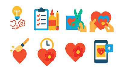 Flat vector icons of step-by-step craft: idea sketch, supplies checklist, cutting step, assembling pieces, decorating step, drying time, finished result, share photo.