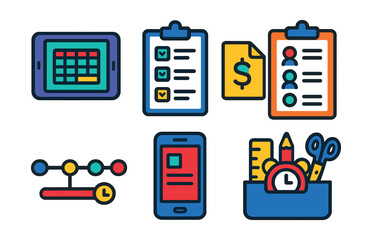 Flat vector icons of event planning tools: digital planner, event checklist, budget sheet, vendor list, timeline icon, mobile event app, plan board, organizer toolkit.