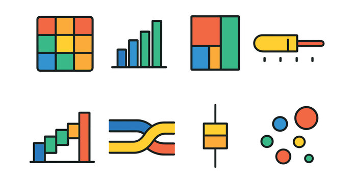 Flat vector icons of data visualization techniques: heatmap, histogram, tree map, bullet graph, waterfall chart, Sankey diagram, box plot, bubble chart.