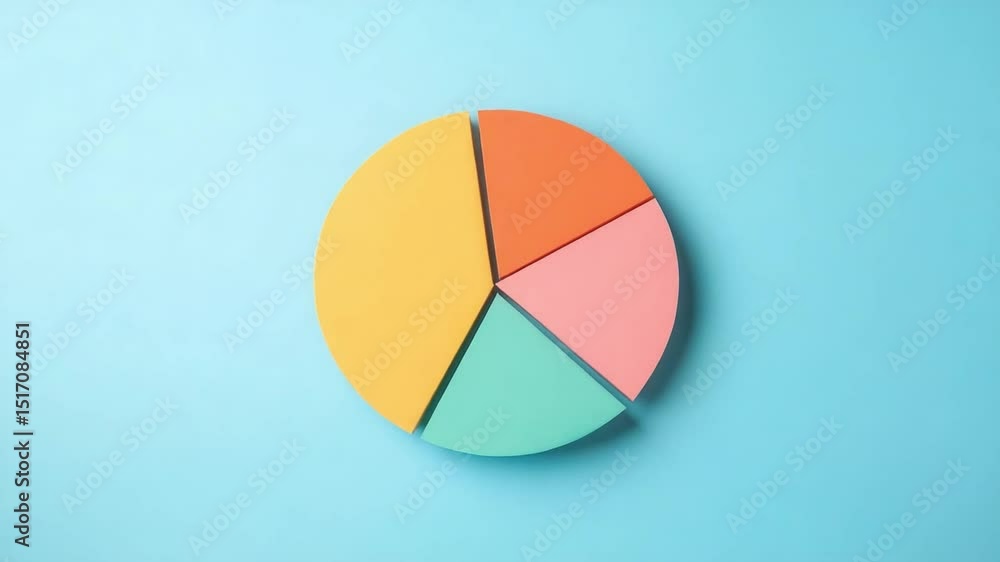 Poster colorful pie chart on light blue background with hand holding segment for business presentation or d