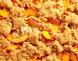 Peach crumble pie, close-up view