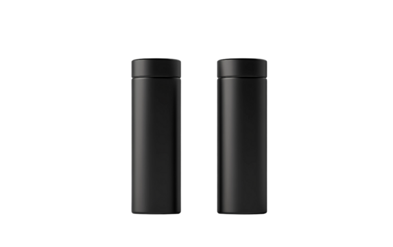 Matte black minimalist thermos floating with elegant modern aesthetics and sleek design isolated on transparent background PNG