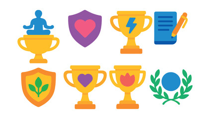 Flat vector icons of wellness and mindfulness trophies: meditation mastery cup, emotional well-being badge, stress management champion trophy, gratitude journal completion trophy, mindful habits