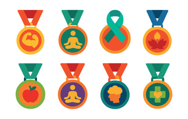 Flat vector icons of wellness and health challenge medals: 30-day fitness challenge medal, yoga retreat completion medal, mental health awareness badge, mindfulness practice streak medal, nutrition