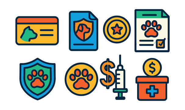 Flat vector icons of pet insurance and finance: insurance card, pet policy, premium icon, claim form, coverage shield, money paw, vet cost, emergency fund.