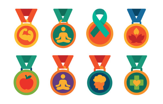 Flat vector icons of wellness and health challenge medals: 30-day fitness challenge medal, yoga retreat completion medal, mental health awareness badge, mindfulness practice streak medal, nutrition