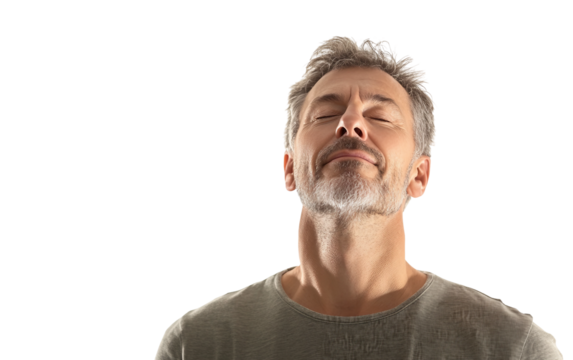 Relaxed mature man engaging in deep breathwork for stress relief and inner balance isolated on transparent background PNG