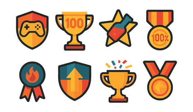Flat vector icons of gaming achievements: game completion badge, trophy for level 100, rare item unlock star, 100% exploration award medal, fastest boss defeat ribbon, top multiplayer rank badge,