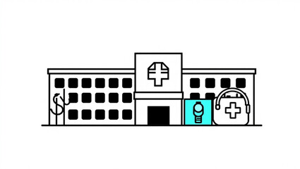 Illustration of a hospital building with a dollar sign, watch and first aid kit icon shown created with generated ai