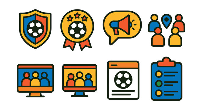 Flat vector icons of sports communities and fan clubs: club emblem, fan badge, supporter chat, local meetups, online group, team blog, photo wall, event list.