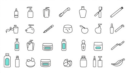 Illustration of various beauty and personal care products including bottles creams and applicators line art created with generated ai