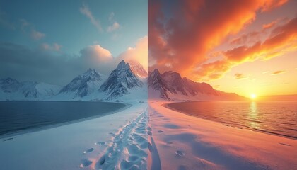 Surreal winter summer split view. Snowy beach path divides landscape with winter snow, cold tones. Sunny beach on right, warm colors. Mountains, sea, sky. Seasons transition, climate change concept.