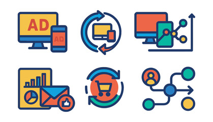 Flat vector icons of cross-platform and omnichannel advertising: multi-device ad delivery, synchronized campaign icon, desktop-mobile alignment, omnichannel strategy graph, cross-channel performance