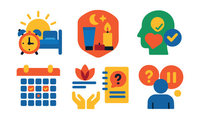 Flat vector icons of routine and self-care habits: morning routine icon, evening ritual badge, daily self-check icon, habit tracker ring, consistency calendar, mindful habit icon, reflection prompt,