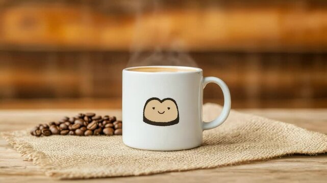 Cute coffee mug with adorable face design, steaming coffee, and coffee beans on rustic wooden table setting