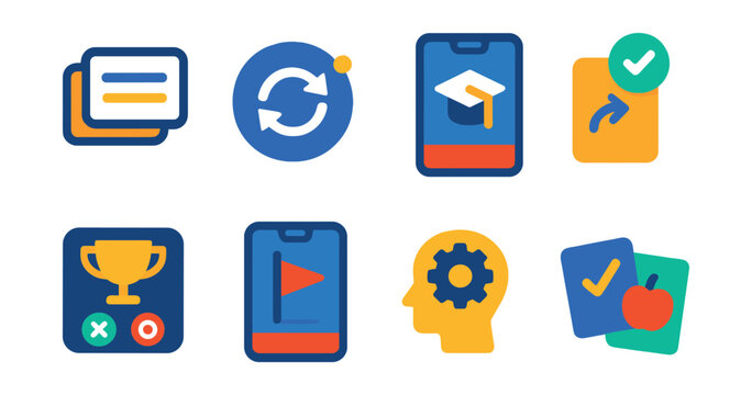 Flat vector icons of apps and flashcards: flashcard deck icon, spaced repetition badge, mobile learning app, review card flip symbol, gamified quiz icon, app with flag icon, memory trainer tool,