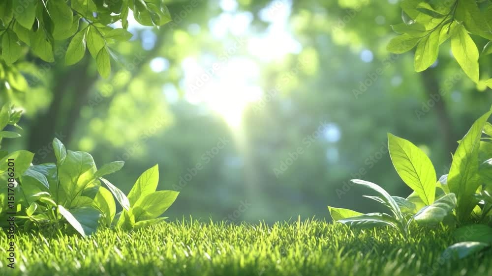 Poster lush green forest bathed in sunlight: a vibrant scene of a dense forest floor covered in lush green 