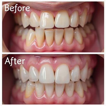 Before after dental treatment, diastema closure comparison. Huge gap between lower front teeth closed with veneers. Patient mouth, teeth before, after cosmetic dentistry. Modern cosmetic dental care.