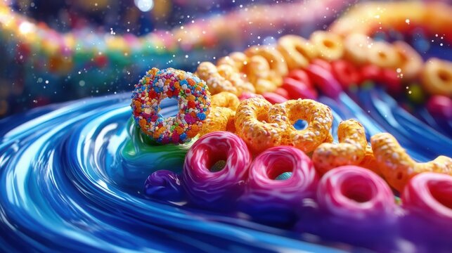 Colorful Candy Coated Donuts Floating in a Swirling Rainbow Stream - Powered by Adobe