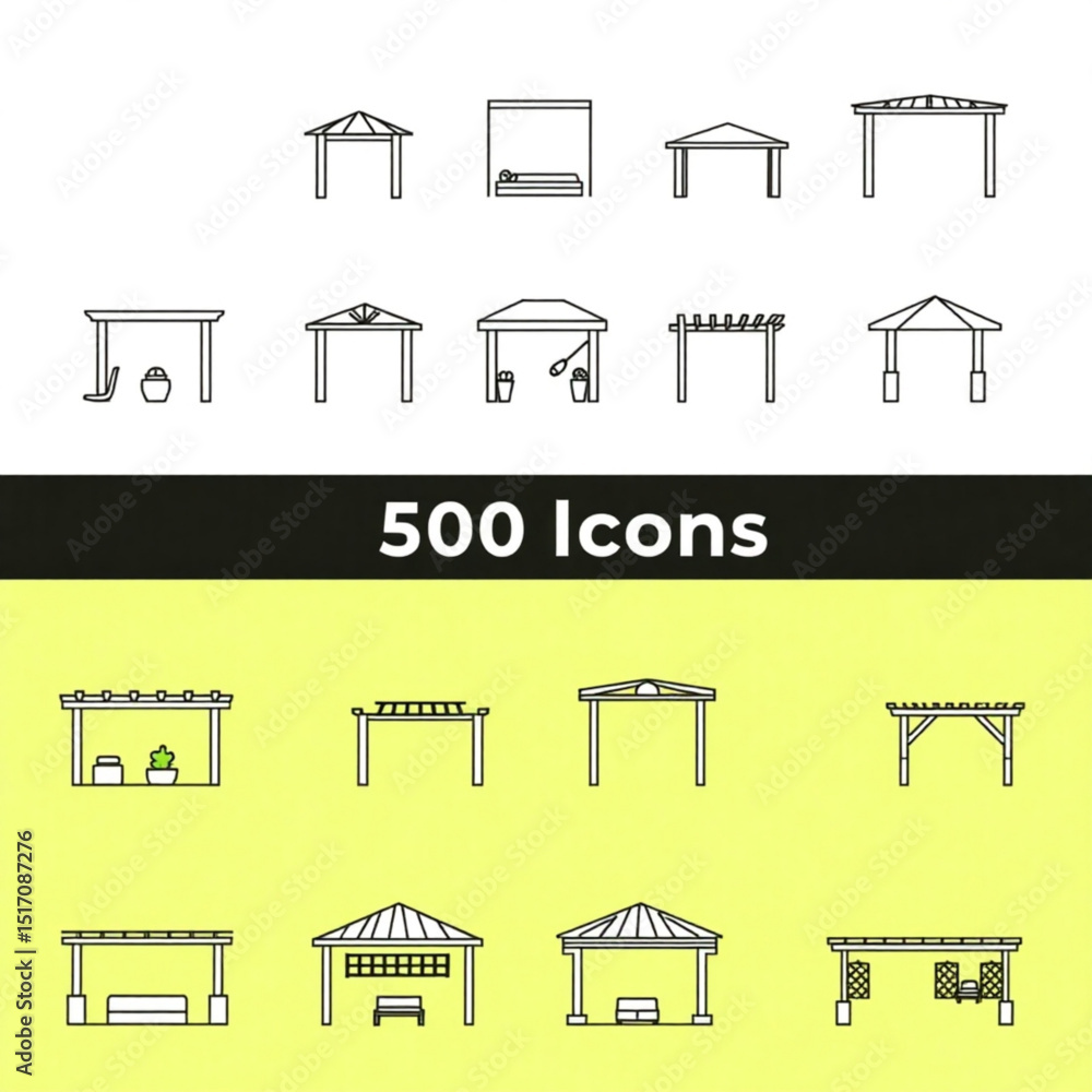 Poster collection of various gazebo and pergola icons displayed in a grid format with clean line art style 