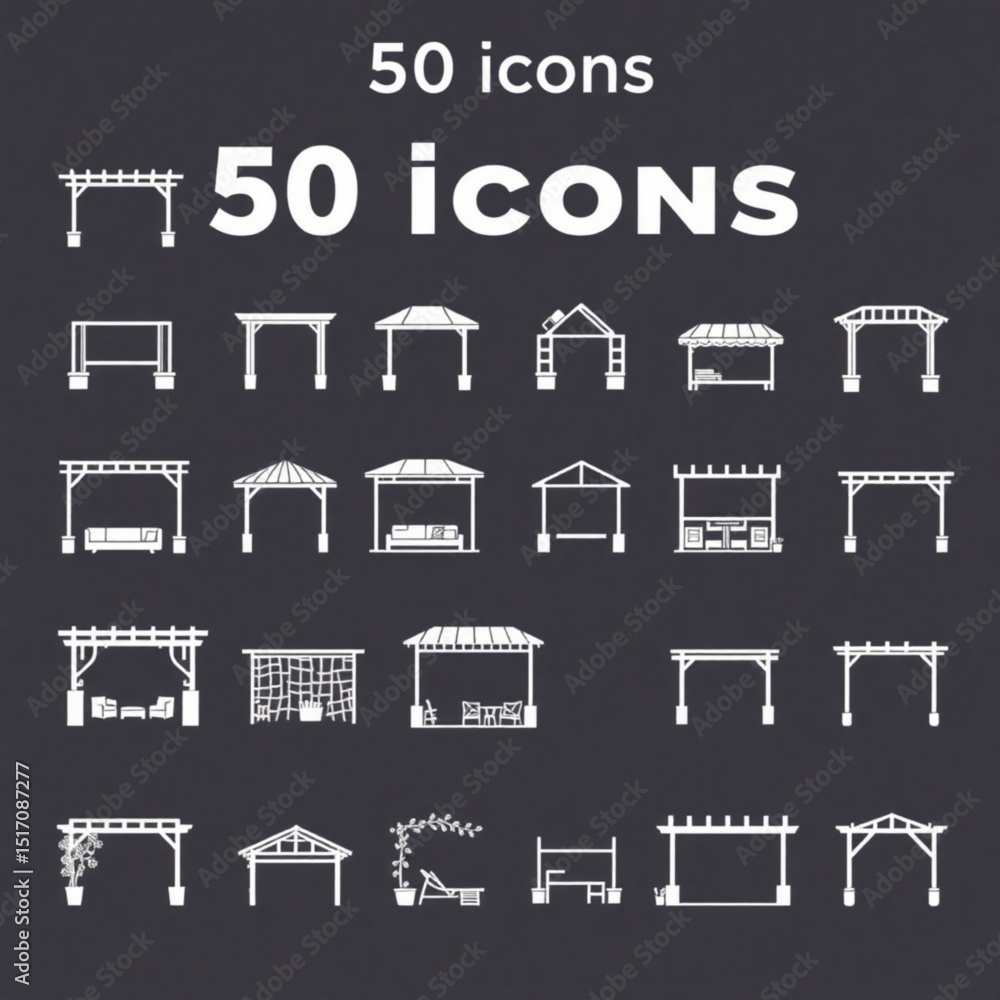 Poster collection of white pergola and gazebo icons on a dark gray background showcasing various designs an