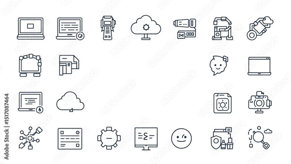 Poster outline illustration of various technology and business icons on a white background design layout cr
