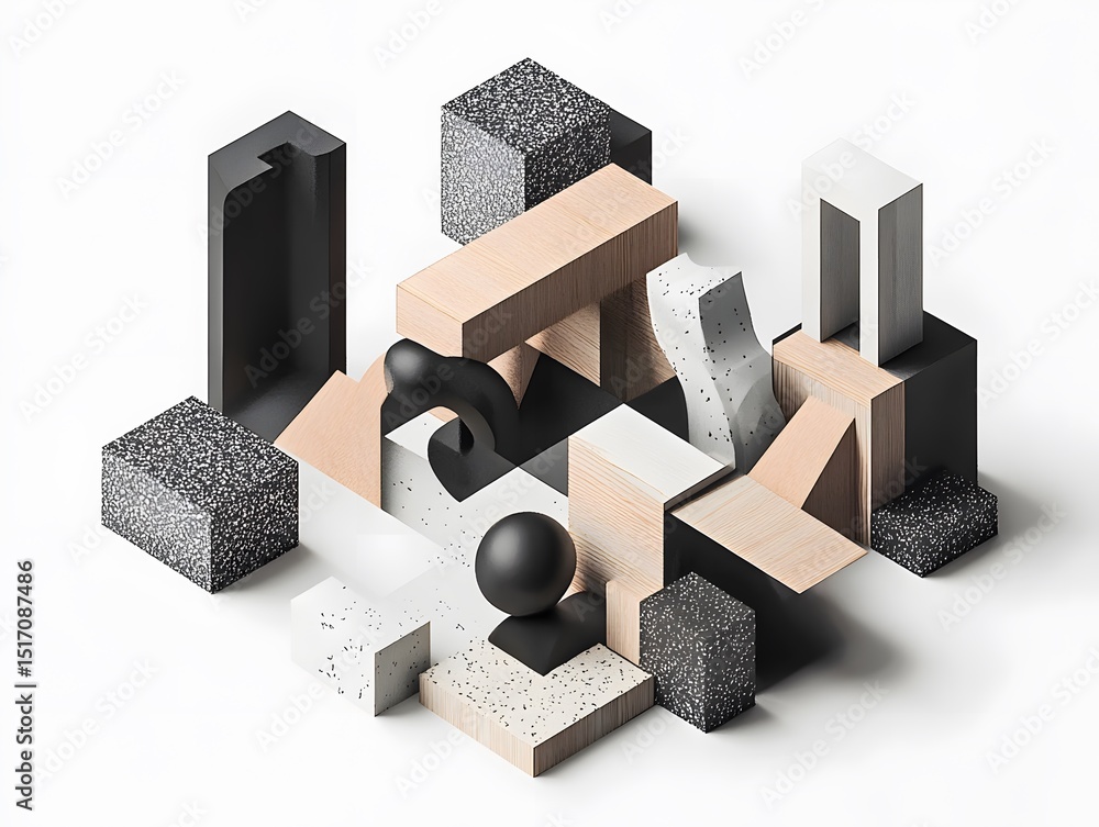 Poster a creative arrangement of abstract geometric shapes in various textures and colors, showcasing moder