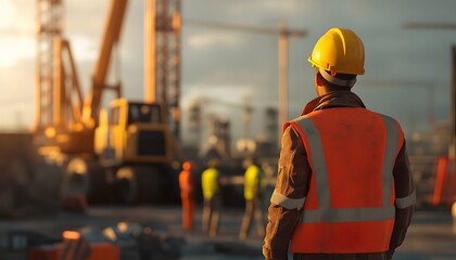 A construction worker in a safety vest and helmet supervises work on a construction site during sunset