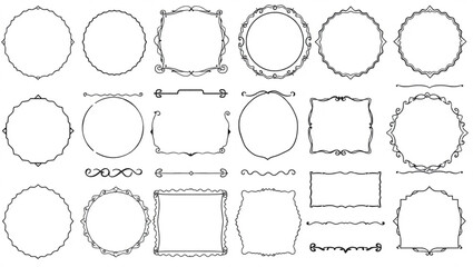 Collection of various hand drawn decorative frames and borders in black and white vector illustration created with generated ai