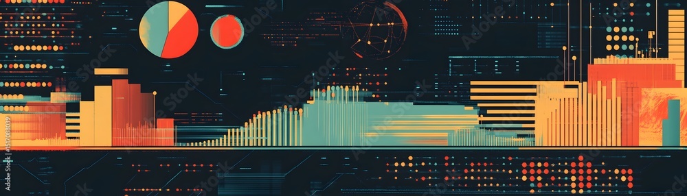 Poster a vibrant digital landscape showcasing abstract data visualization elements, including graphs and ch