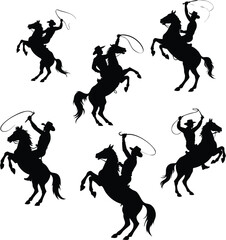 Cowboy Rider on Horseback &mdash; Rearing Horse, Lasso, Dramatic Black and White Silhouette, Bold and Dynamic Art