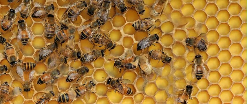 Anamorphic video close up bees on honey comb in bee hive