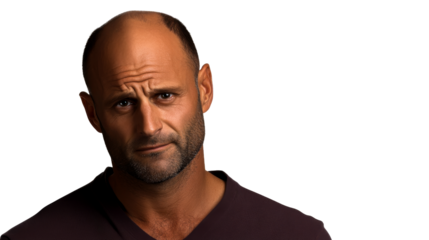 Pensive man portrait, bald head, stubble beard, doubtful look, cut out transparent