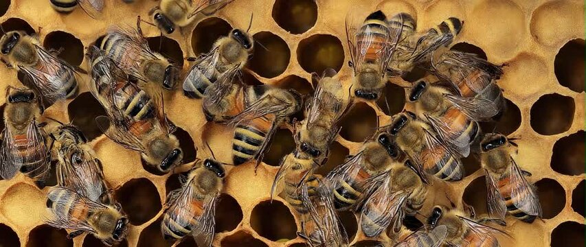 Anamorphic video close up bees on honey comb in bee hive