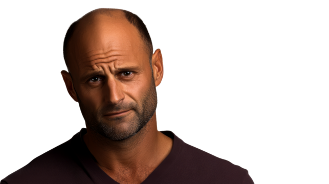 Pensive man portrait, bald head, stubble beard, doubtful look, cut out transparent