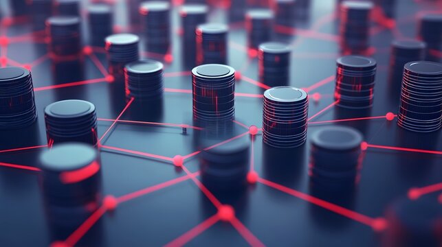 An abstract representation of a digital currency network, featuring stacks of coins connected by vibrant red lines, symbolizing blockchain technology and modern finance.