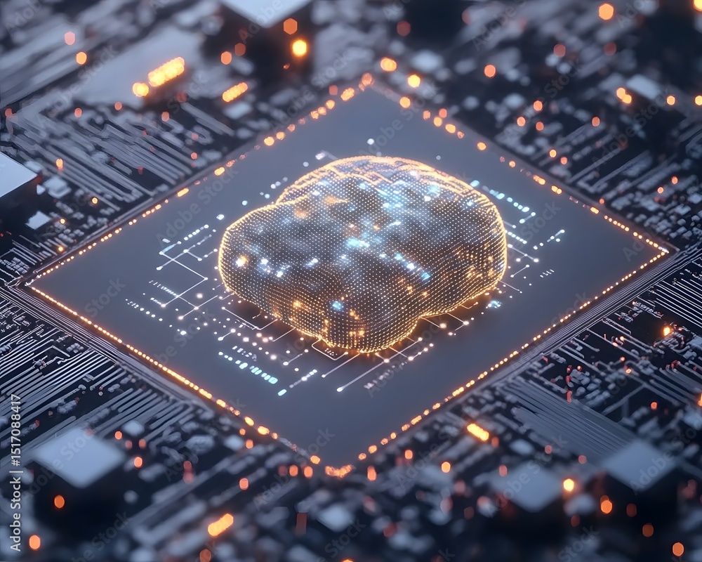 Poster futuristic close-up of a glowing brain-like structure on a microchip, symbolizing advanced technolog