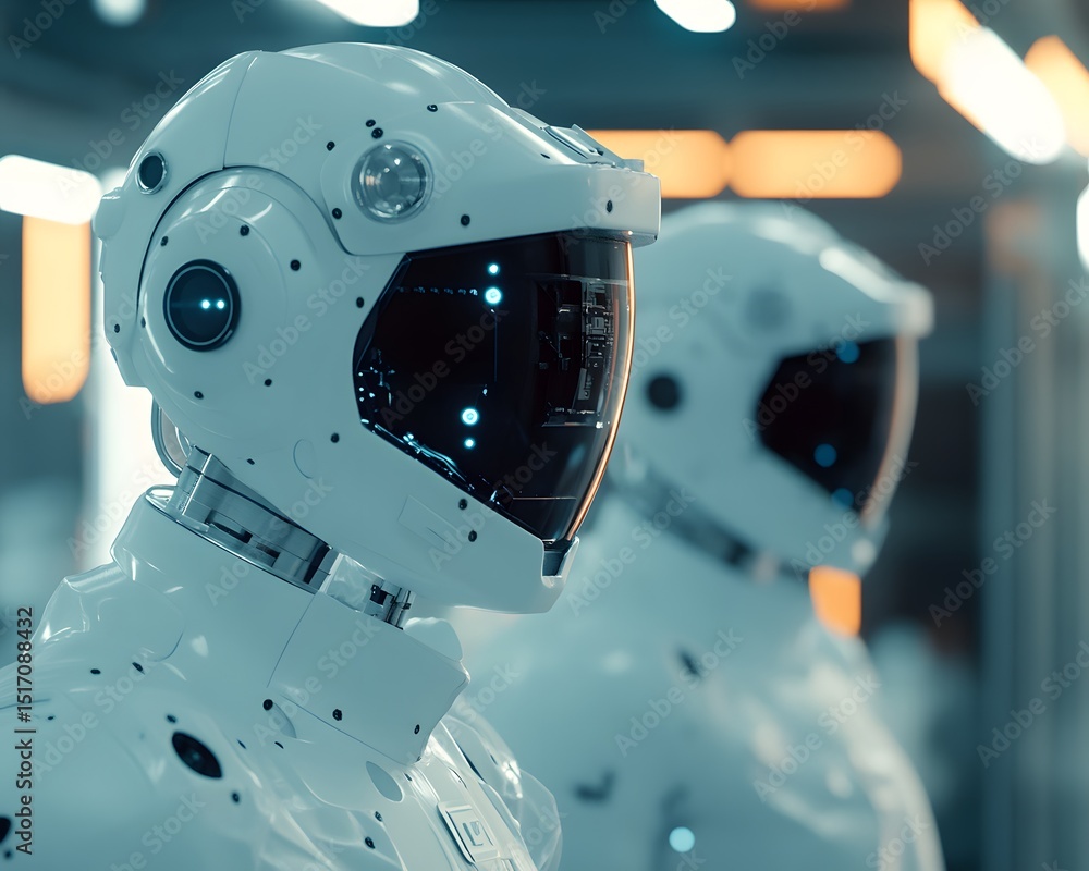 Poster futuristic humanoid robots stand in a sleek, modern environment, showcasing advanced design and arti